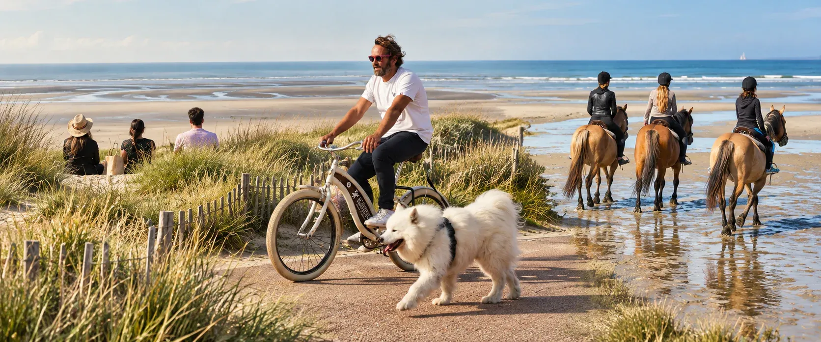 Cycling and horse riding on the beach at Le Touquet